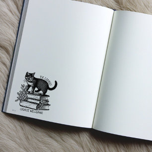 Floral Ex Libris Boekplaat,  Kattenboek Rubberstempel
