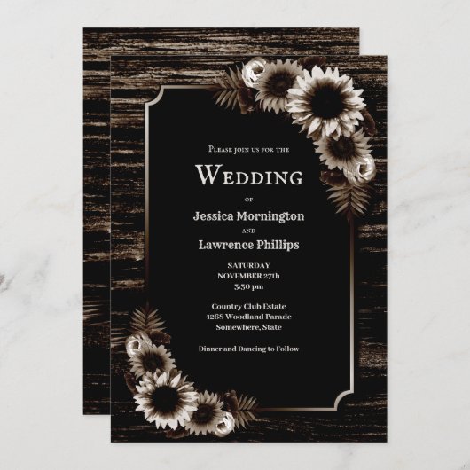 Floral faire-part de mariage en bois foncé (Devant / Derrière)