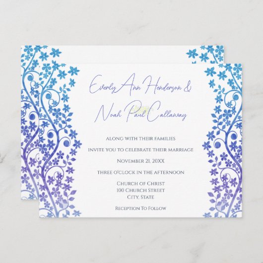 Floral faire-part de mariage et bleu (Devant / Derrière)