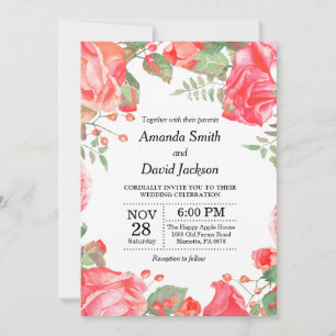 Floral Faire-part de mariage Rouge Aquarelle Flora