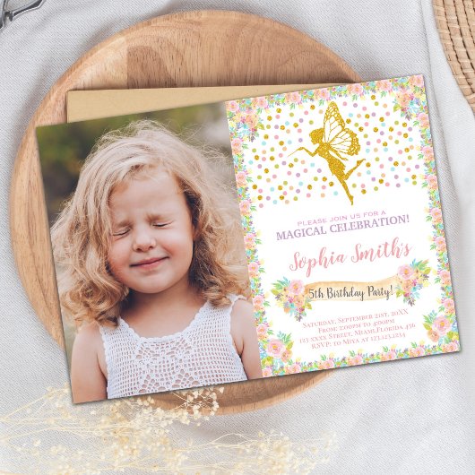 Floral Fairy Anniversaire Invitation avec photo