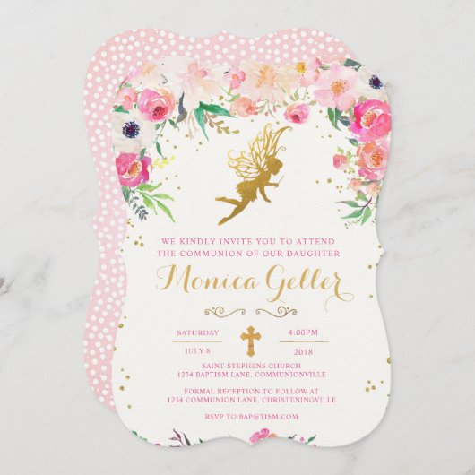 Floral Fairy First Holy Communion Invitation (Devant / Derrière)