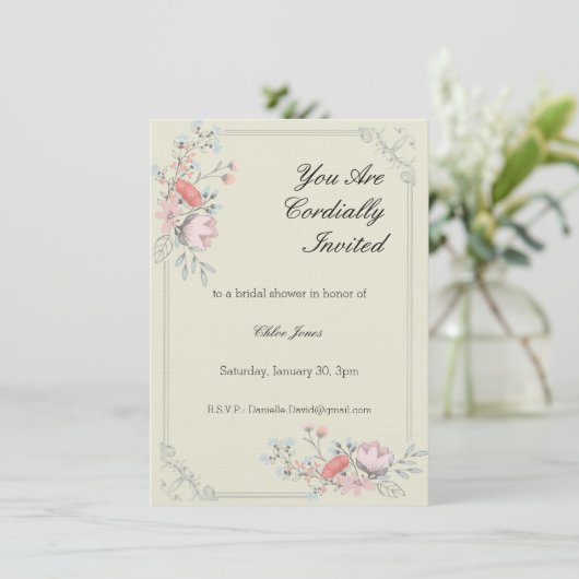 Floral Fancy Frame Nuptiale Douche invitation (Debout devant)