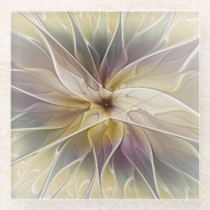 Floral Fantasy Gold Eggplant Abstracte fractale ku Glazen Onderzetter