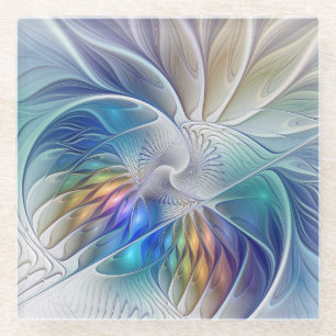 Floral Fantasy, kleurrijke Abstracte fractale bloe Glazen Onderzetter