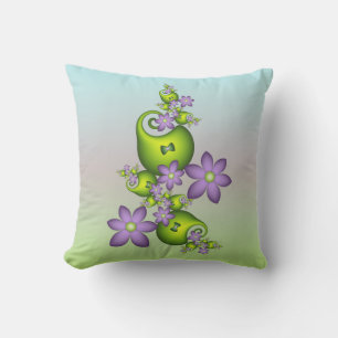 Floral Fantasy Lila Flowers Green Shapes Fractal Buitenkussen