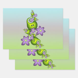 Floral Fantasy Lila Flowers Green Shapes Fractal Inpakpapier Vel