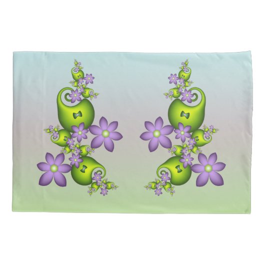 Floral Fantasy Lila Flowers Green Shapes Fractal Kussensloop (Achterkant-Links)