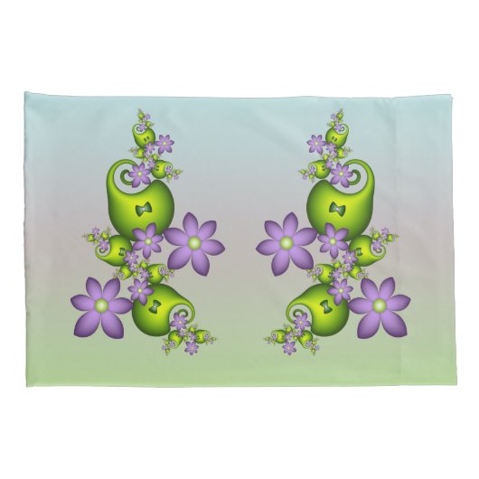 Floral Fantasy Lila Flowers Green Shapes Fractal Kussensloop (Achterkant-Rechts)