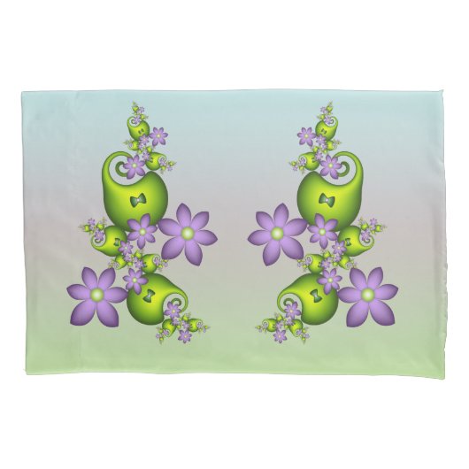 Floral Fantasy Lila Flowers Green Shapes Fractal Kussensloop (Voorkant-Links)