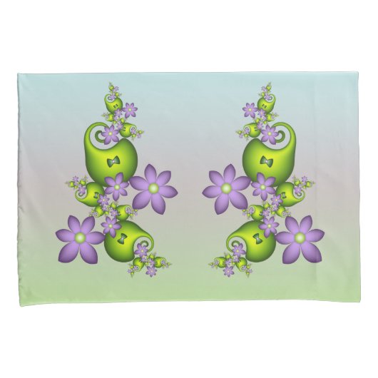 Floral Fantasy Lila Flowers Green Shapes Fractal Kussensloop (Voorkant-Rechts)