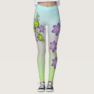 Floral Fantasy Lila Flowers Green Shapes Fractal Leggings
