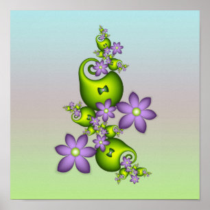 Floral Fantasy Lila Flowers Green Shapes Fractal Poster