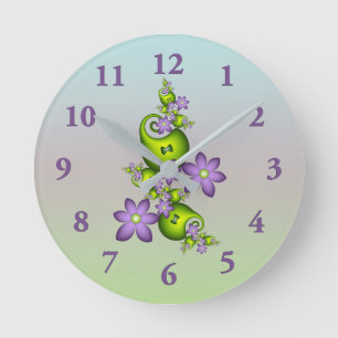 Floral Fantasy Lila Flowers Green Shapes Fractal Ronde Klok