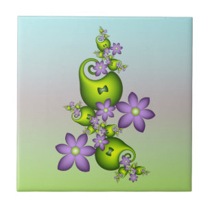 Floral Fantasy Lila Flowers Green Shapes Fractal Tegeltje