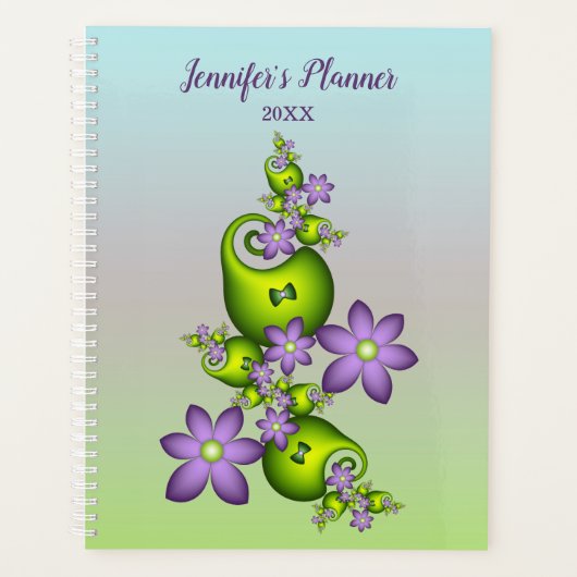 Floral Fantasy Lila Green Flowers Fractal Name Planner (Voorkant)