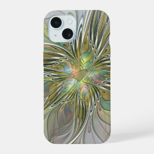 Floral Fantasy Modern Fractal Art Flower met Gold iPhone 15 Hoesje