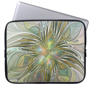 Floral Fantasy Modern Fractal Art Flower met Gold Laptop Sleeve