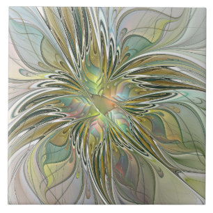 Floral Fantasy Modern Fractal Art Flower met Gold Tegeltje