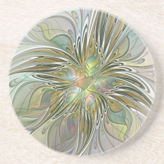 Floral Fantasy Modern Fractal Art Flower met Gold Zandsteen Onderzetter (Voorkant)