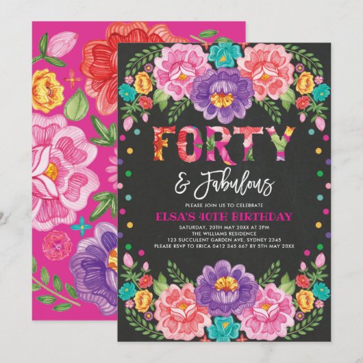 Floral Fiesta 40th Birthday & Fabulous Woman Kaart (Voorkant / Achterkant)