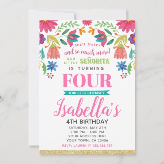 Floral Fiesta 4th Birthday Invitation Kaart (Voorkant)