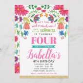 Floral Fiesta 4th Birthday Invitation Kaart (Voorkant / Achterkant)