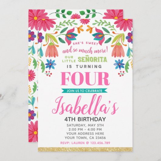 Floral Fiesta 4th Birthday Invitation Kaart (Voorkant / Achterkant)