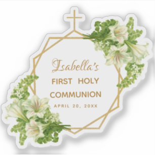Floral First Communion Gold White Lilies Geometric Sticker