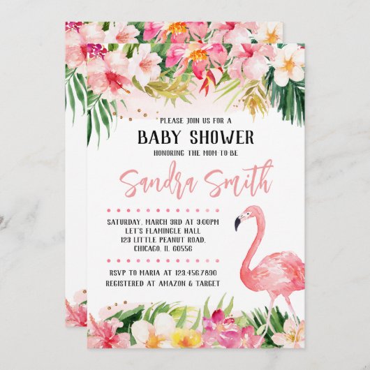Floral Flamingo Baby shower Kaart (Voorkant / Achterkant)