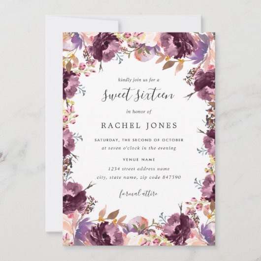 Floral Florom Purple Sweet 16 Invitation (Devant)