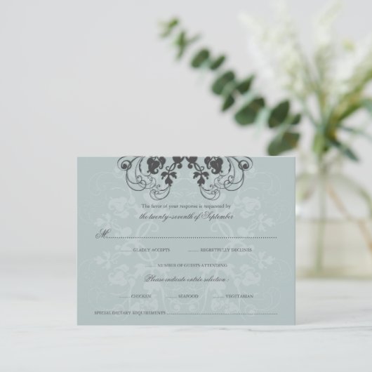Floral Flourish Charcoal Blue RSVP-kaart RSVP Kaartje (Staand voorkant)