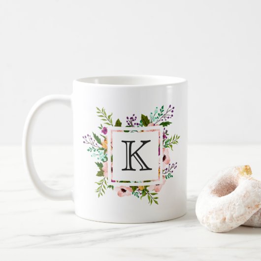Floral Flourish Monogram Koffiemok (Met donut)
