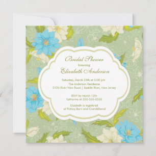 Floral Flowers Bridal Shower Invitation Blue Kaart