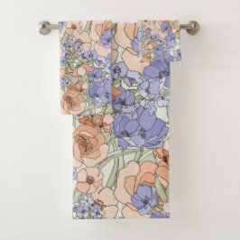 Floral Foliage Flowers Rozen Beige Cream Paars Bad Handdoek