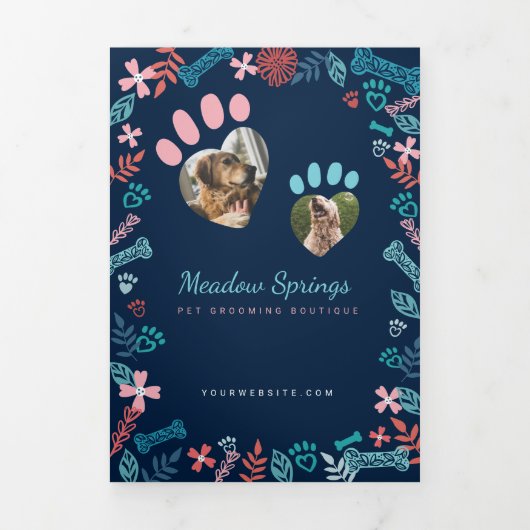 Floral & Foliage Pet Paw Print Pattern Business Drieluik Kaart (Cover)