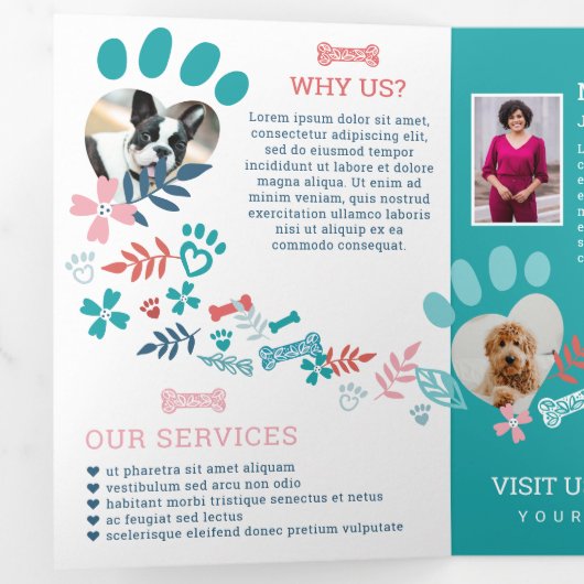 Floral & Foliage Pet Paw Print Pattern Business Drieluik Kaart (Binnenzijde eerst)