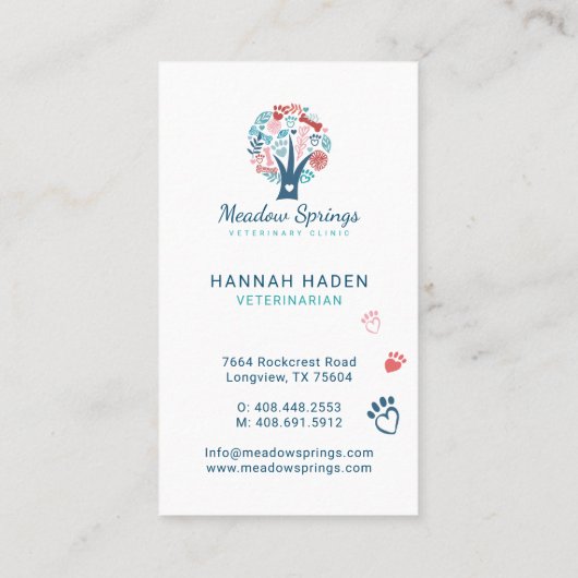 Floral & Foliage Pet Paw Print Pattern Navy Visitekaartje (Achterkant)