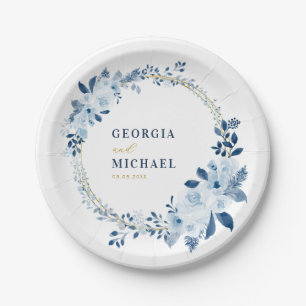 Floral Foliage Wedding White Gold Blue Waterverf Papieren Bordje