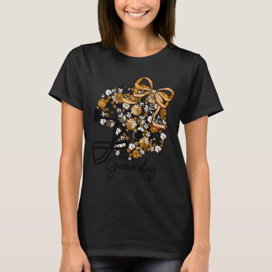 Floral Football Game Day Girly Bow Team Srit Black T-shirt (Voorkant)