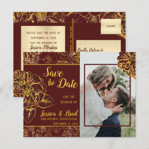 Floral Foto van Burgundy Gold  Save the Date Aankondigingskaart