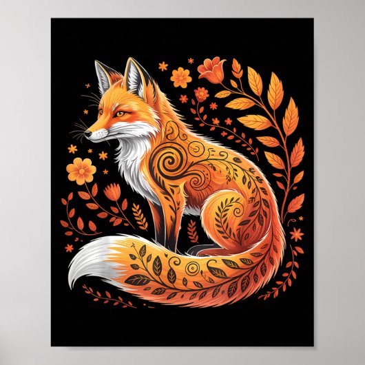 Floral Fox Flowers Art Fox In Autumn - Fall Fox  Poster (Voorkant)