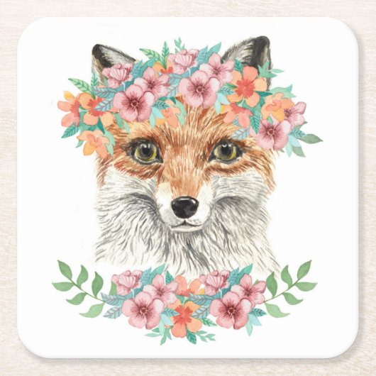 Floral Fox Vierkante Kartonnen Onderzetter (Voorkant)