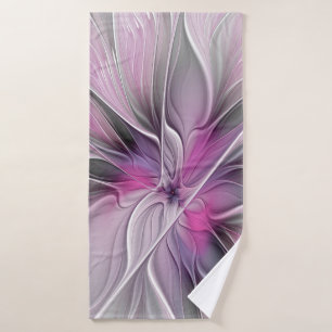 Floral Fractal Modern Abstract Bloemroze grijs Badhanddoek