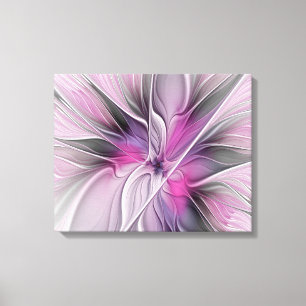 Floral Fractal Modern Abstract Bloemroze grijs Canvas Afdruk