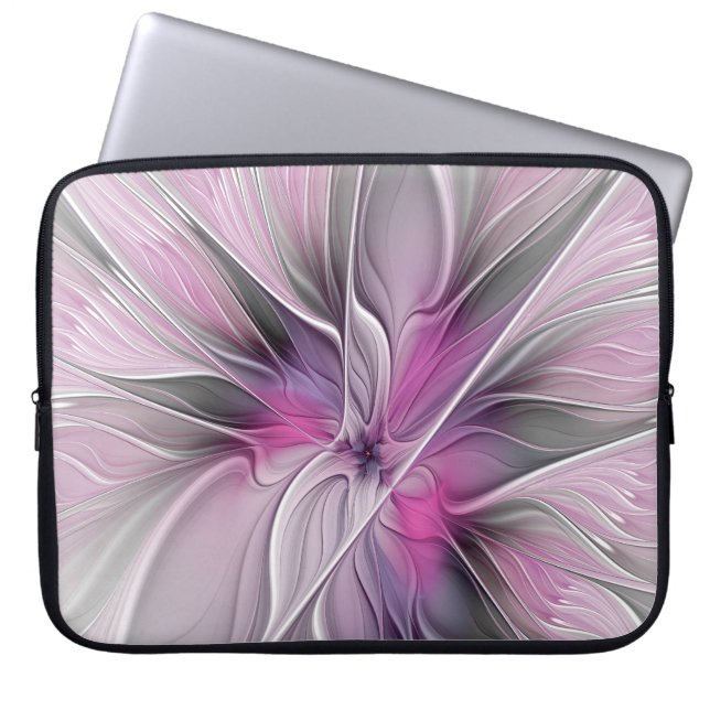Floral Fractal Modern Abstract Bloemroze grijs Laptop Sleeve (Voorkant)