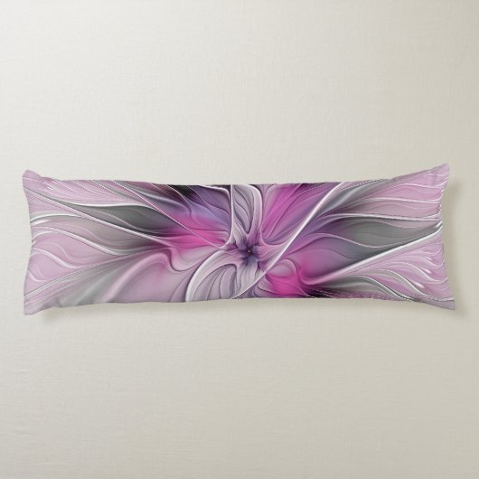 Floral Fractal Modern Abstract Bloemroze grijs Lichaamskussen (Achterkant)