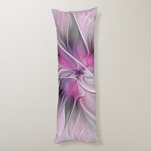 Floral Fractal Modern Abstract Bloemroze grijs Lichaamskussen (Achterkant (Verticaal))