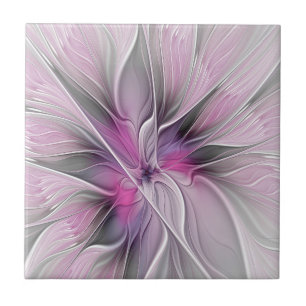 Floral Fractal Modern Abstract Bloemroze grijs Tegeltje