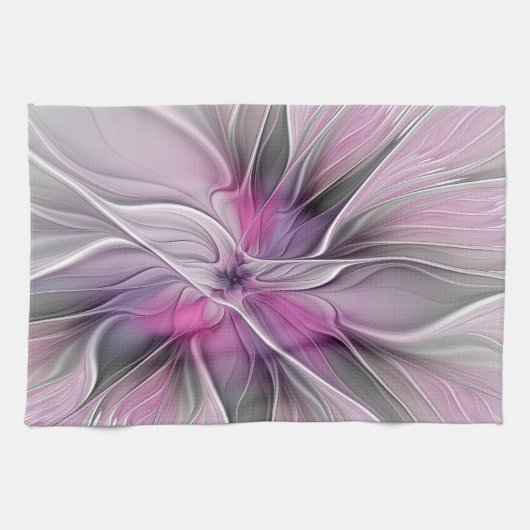 Floral Fractal Modern Abstract Bloemroze grijs Theedoek (Horizontaal)